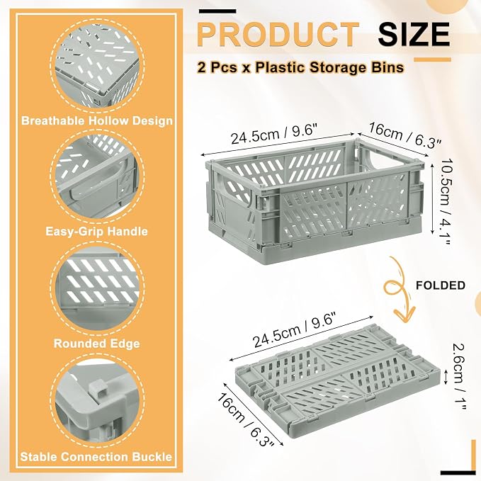 uxcell 2Pcs Small Plastic Storage Baskets, 9.6 x 6.3 x 4.1 Stackable Foldable Storage Bins with Handles Collapsible Crates for Home Office Shelves Closet Books Organizing, Light Gray