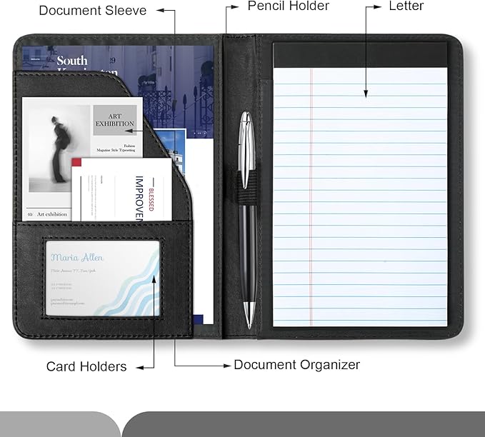 Portfolio/Business Padfolio Binder, Mini Size Document Folder Organizer, Padfolio with Interior Pocket and Pen Loop, 5 x 8 Writing Pad Included, Black