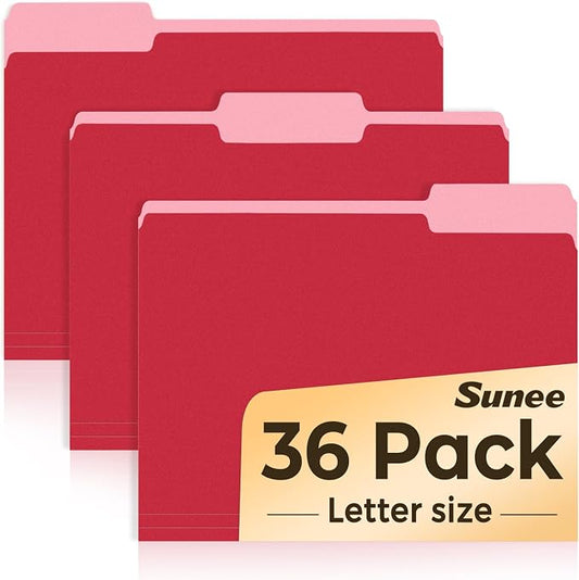 SUNEE File Folders, 36 Pack Manilla Folders 8.5 x 11, Colored File Folders Home Office School Supplies for Documents Files Paper, Red Colors