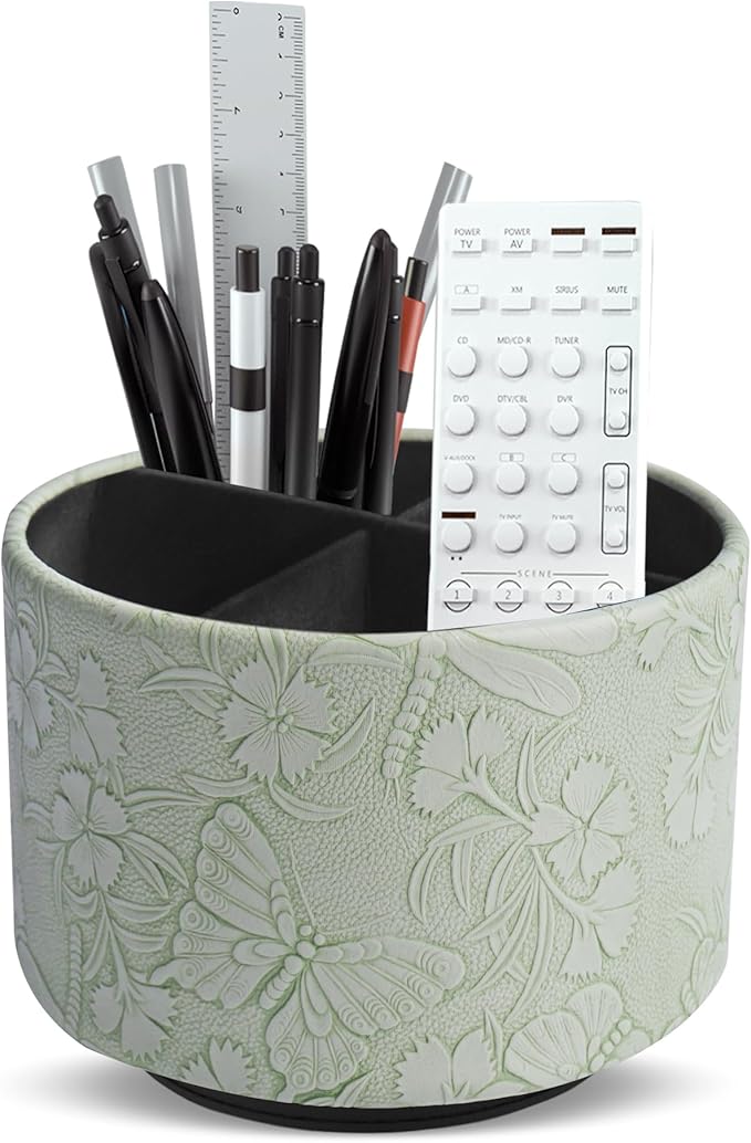 Round Leather Art Supply Organizer,Remote Control Holder,360-degree Rotating Pen Organizer with 4 Compartments(1-Butterfly Green2)