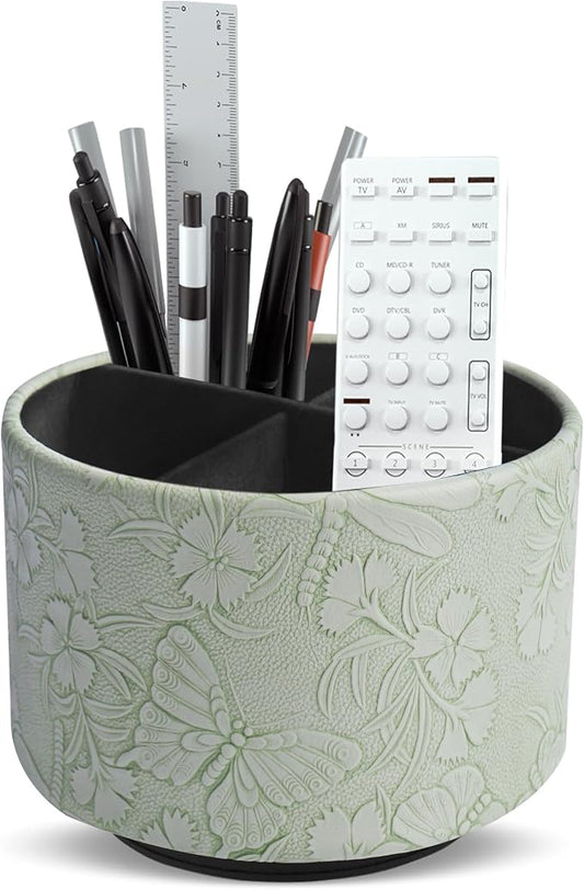 Round Leather Art Supply Organizer,Remote Control Holder,360-degree Rotating Pen Organizer with 4 Compartments(1-Butterfly Green2)