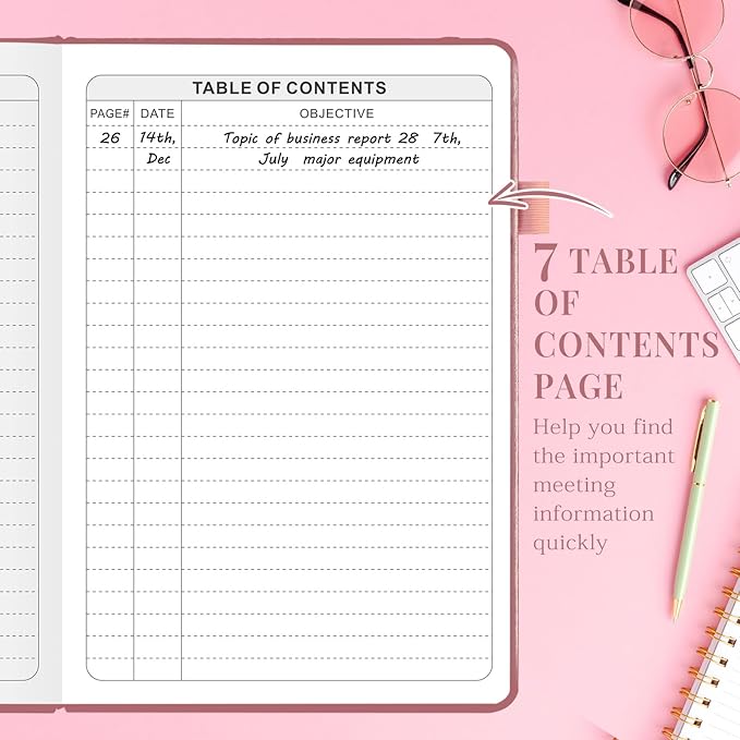 JUBTIC Meeting Notebook for Work with Sticky Tabs - Office & Business Project Planner for Notes Taking, Meeting Agenda/Minutes Organizer for Women Men, 160 Pages (7”x10”) - Rose Gold