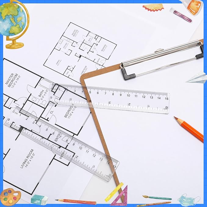 EBOOT 2 Packs Clear Plastic Rulers, Straight Shatterproof Transparent Rulers, Measuring Tools with Inch and Centimeter Accuracy for School Class Office Crafts Mathematics Art Clothing(6 Inch)
