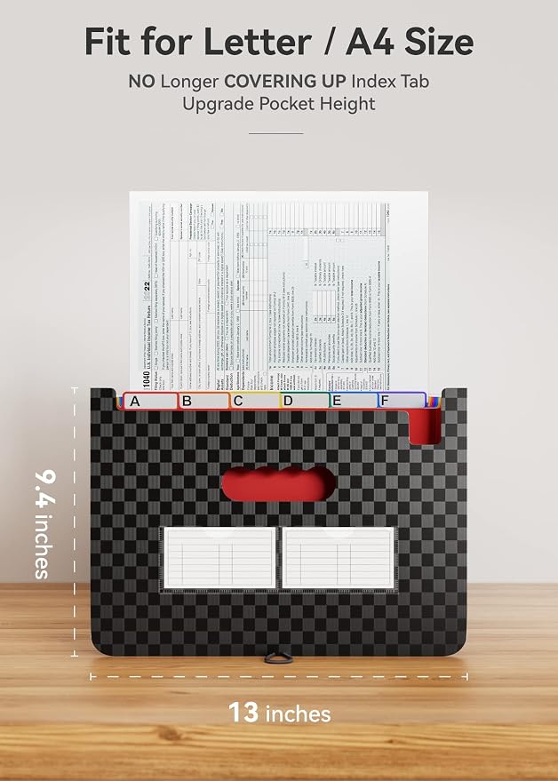 ABC life 26 Pockets File Organizer, Expanding File Folder A4 Letter Size, Portable Monthly Paper Bill Tax Receipt Organizer, Document Holder with Labels - Checkered Pattern
