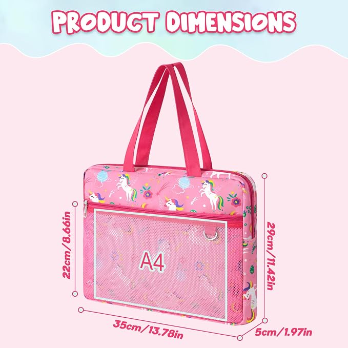 WAWSAM Unicorn Kids Mesh Zipper Pouch, File Organizer Folders with Pocket | 13.78" x 11.42" Waterproof File Folder for Girls with Handle, Document Organizer for School, Books, Travel, Home Storage