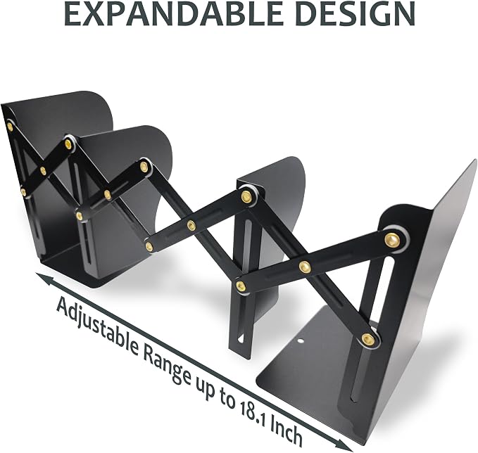 Metal Bookends, Book Ends for Heavy Books, Adjustable Book Holder for Shelves, Book Stopper for Home/School/Office, Extends up to 19 inches, Black