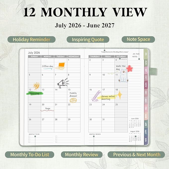 2026-2027 Planner Weekly and Monthly, Jul 2026 - Jun 2027, A5 Linen Cover Calendar Planner 2026-2027, Agenda Book with Colorful Monthly Tabs, Inner Pocket (5.8" x 8.3", Green)