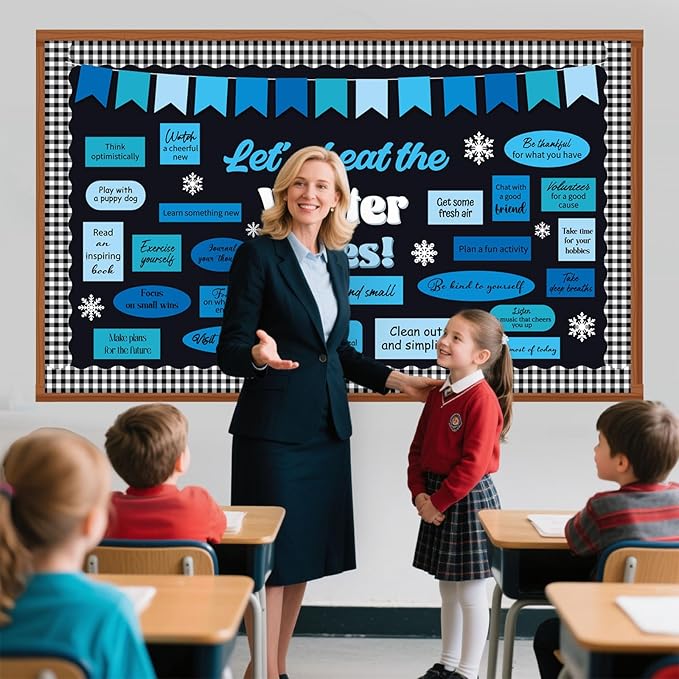 Funrous 63 Pcs Winter Mental Health Bulletin Board Set Motivational Classroom Decor Let's Beat The Winter Snowflake Paper Cutouts for Holiday Party School Classroom Home Wall Decor Supplies