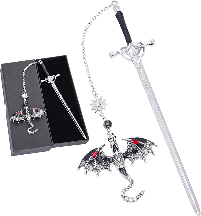 Fourth Wing Dragon Bookmark - Fantasy Sward Book Marks Vintage Tassel Metal Pendant Antique Silver Gray Inspirational Bookmarks Reading School Office Supplies Gift Men Boy Bookworm Reader