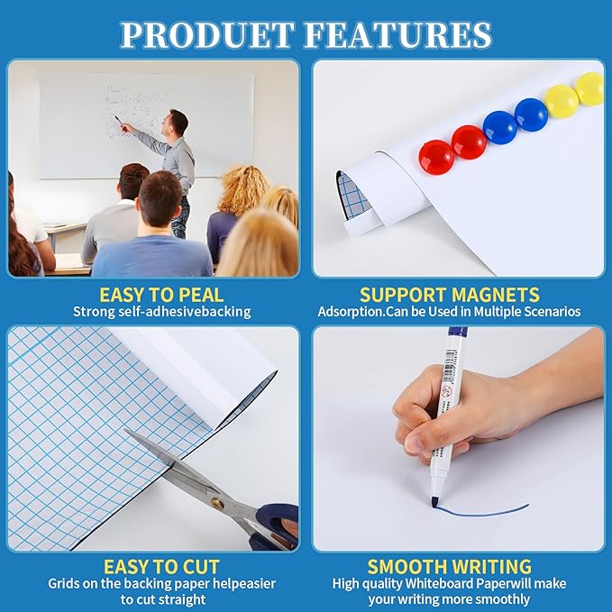 Large Magnetic Dry Erase Whiteboard 47"x30" - Self-Adhesive Flexible Wall Board for Home Office, Kids Room w/ 11 Markers, 6 Magnets, Eraser & Holder, Ultra Smooth, No Ghosting