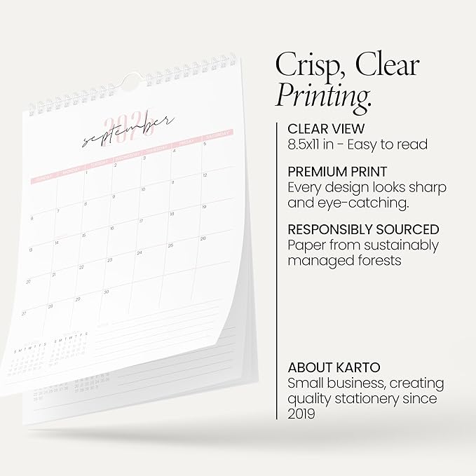 Karto Wall Calendar 2026-2027 - Vertical 8.5x11 inch January 2026 to June 2027 - Boost Your Productivity and Easy Planning with the Aesthetic Monthly Calendar - Two Font Pink