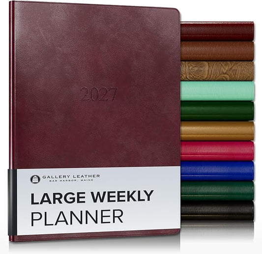 Gallery Leather Large Weekly Monthly Planner 2027, Elegantly Bound Calendar Planner and Notebook with Stylish Gold-Gilded Page Edges, 12 Months - Acadia Burgundy - 9.75x7.5"