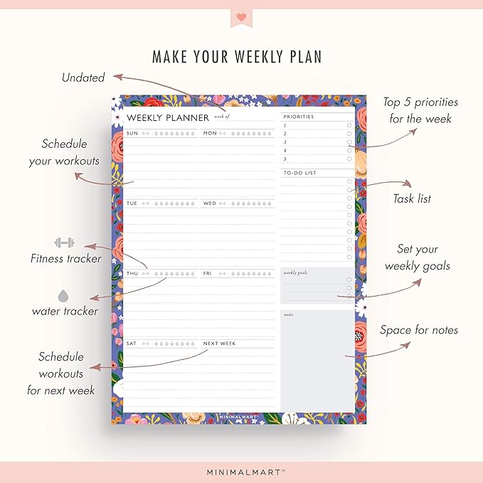 Weekly Planner with 52 Undated 8.5 x 11 Tear-Off Sheets, Floral Weekly Vibrant Calendar, Organizer, Scheduler, Productivity Tracker, Priority Task, Weekly Goal, to-do List