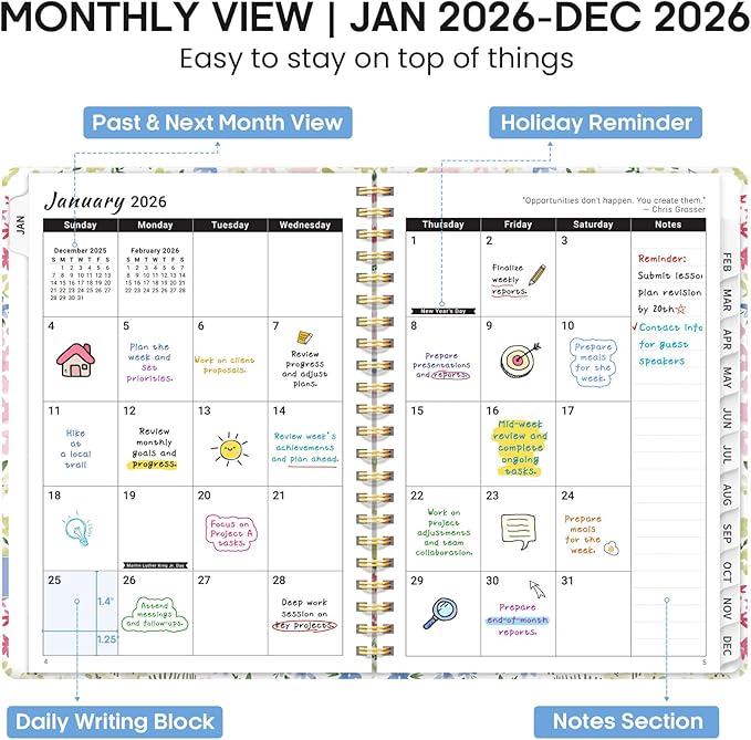 2026 Planner, Weekly and Monthly Calendar Planner Book, January 2026 - December 2026, Hardcover Spiral Planner with Monthly Tabs, Notes Pages, Perfect for Women & Men, A5 (6.4" x 8.5") - Ditsy