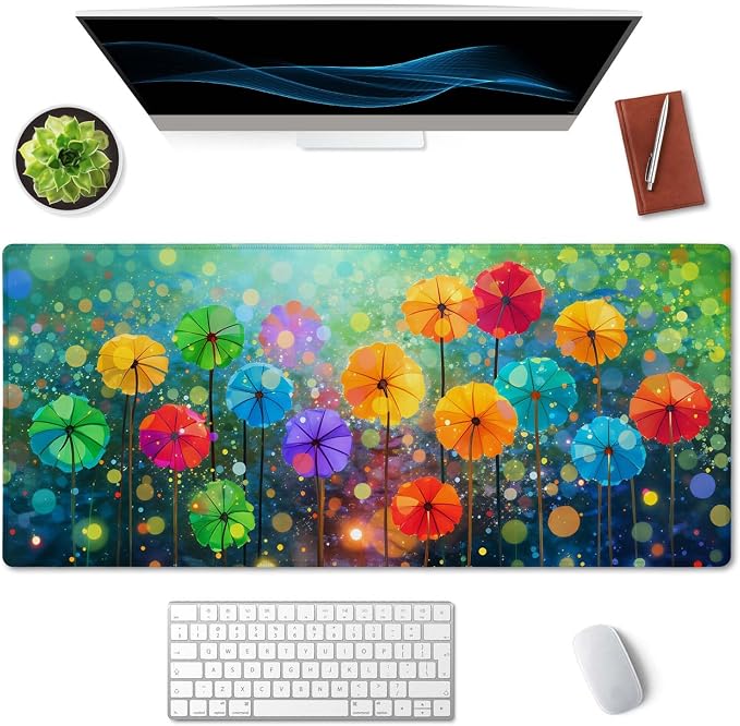 SSOIU Desk Mat, Extended Gaming Mouse Pad 35.5x15.7 in, Large Non-Slip Rubber Base Mousepad with Stitched Edges, Waterproof Keyboard Mouse Mat Desk Pad for Work, Game, Office, Home - Watercolor Floral