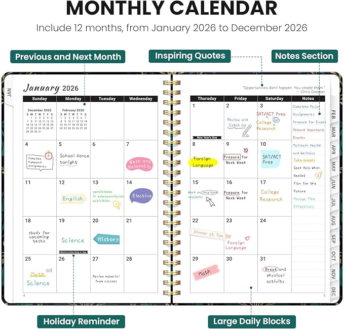 2026 Planner, Weekly and Monthly Planner for Women, January 2026 - December 2026, Hardcover 2026 Calendar Planner Book with Tabs, Inner Pocket, Spiral Bound, Perfect for Office Home School Supplies - A5 (6.3" x 8.5"), Gilded Botanica
