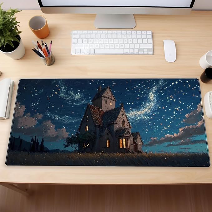Anime Art Starry Sky Castle Desk Mat XL Large Gaming Mouse Pad | 31.5x15.7in, Non-Slip Base, Stitched Edges, Washable, Office Decor