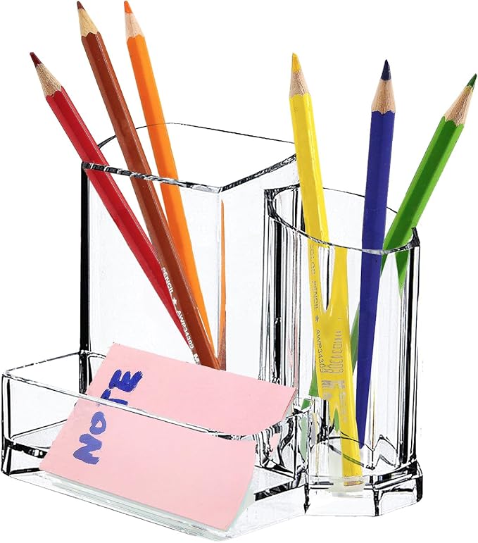 Clear Acrylic Pencil Pen Dry Erase Marker Holder Cup, Makeup Brush Holder Acrylic Desk Accessories, Plastic Silverware Utensil Holder for Office, Party Bedroom Bathroom Dorm (Clear, 3 Compartments)