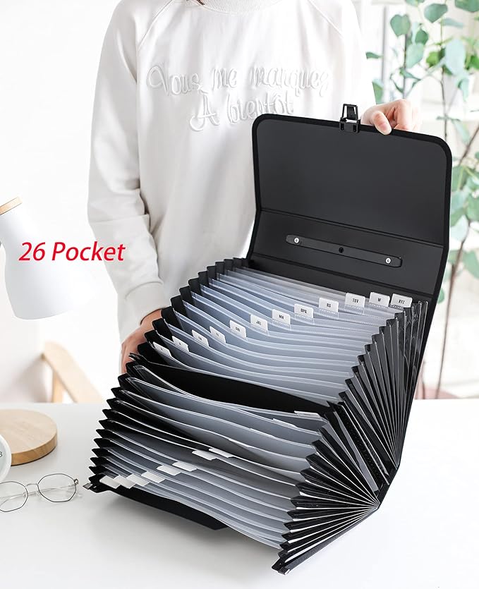 Expanding Accordion File Folder with Labels, 26 Pocket Document Organizer, Letter A4 Size, 1 Pack (Black)