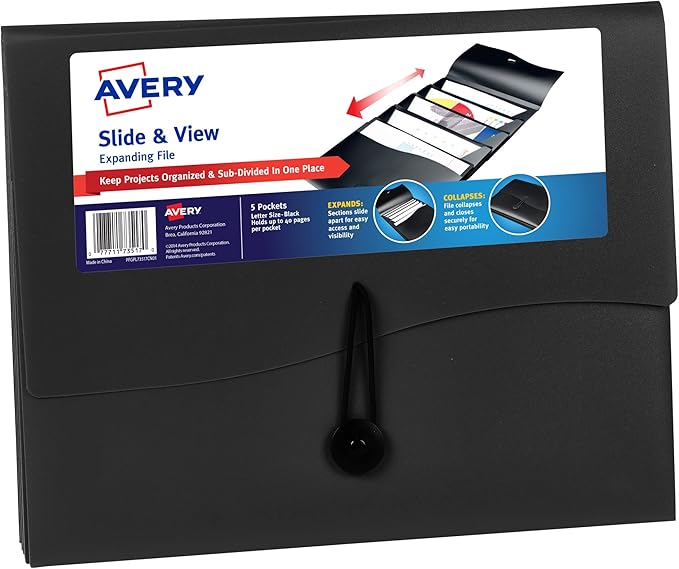 Avery Slide & View Expanding File Folder, 5 Pockets, Letter Size, 1 Black Folder (73517)