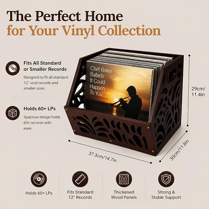 Vinyl Record Storage Box 60+ LP Record Holder Crate, Vinyl Organizer Storage Rack for Album Storage, Espresso Vintage Finish Home Decor