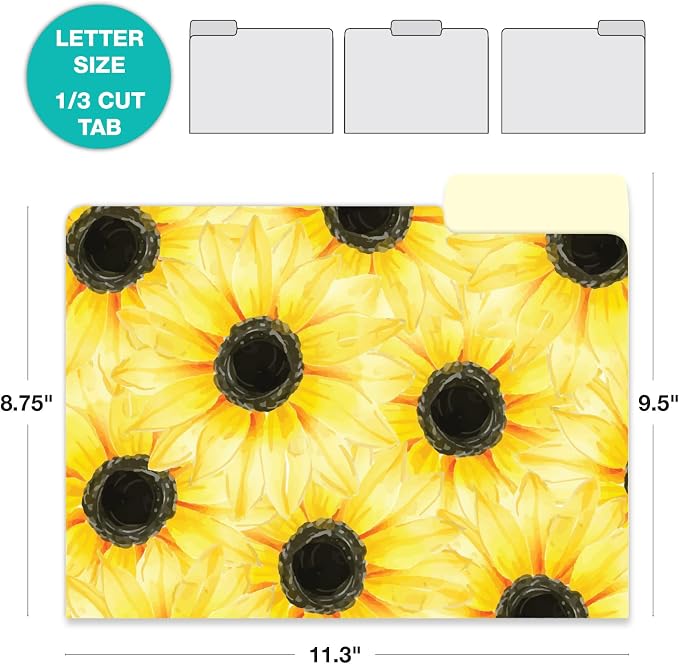 Global Printed Products Deluxe Designer Printed File Folders, 1/3 Cut Tab, Assorted Positions, Letter Size, 24/pk (Sunflower)
