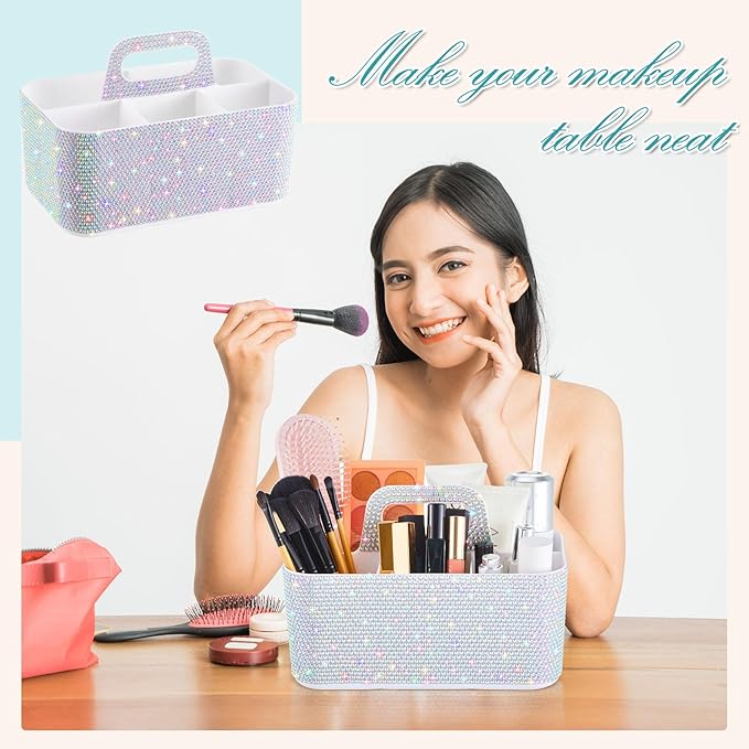 Marspark Bling Makeup Caddy Organizer with Handle, Sparkly Art Craft Holder, Glitter Bathroom Hair Caddy, Shimmer Pen Pencil Holder for Women Desk Organizer, Bling Gifts for Women(White,AB Diamond)