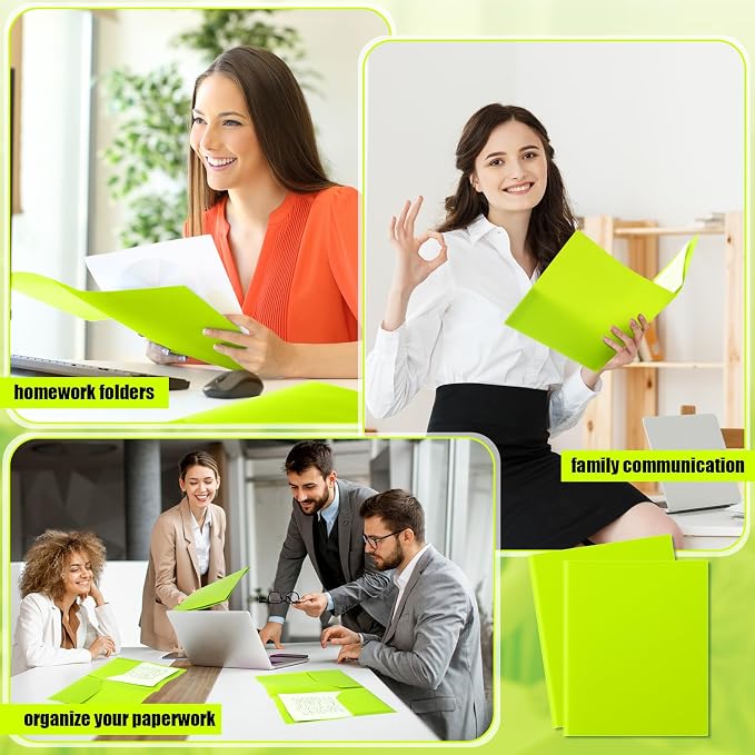 Gueevin 72 Pack Plastic Folder with Pockets, 2 Pocket Folders, Plastic Glossy Folders Fit Letter Size Paper, Heavy Duty Durable File Folder with Business Card for Home Office School (Lime Green)