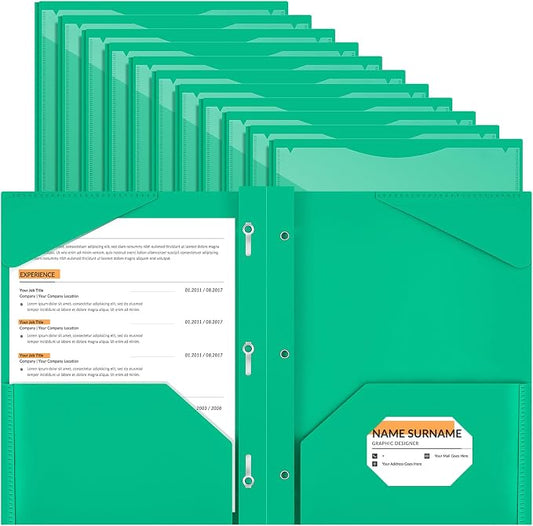 Henoyso 18 Pcs Plastic Folder with Clear Front Pocket and 3 Prong Plastic Folders with Card Slot Pocket Folders with Prongs for School Office (Green)