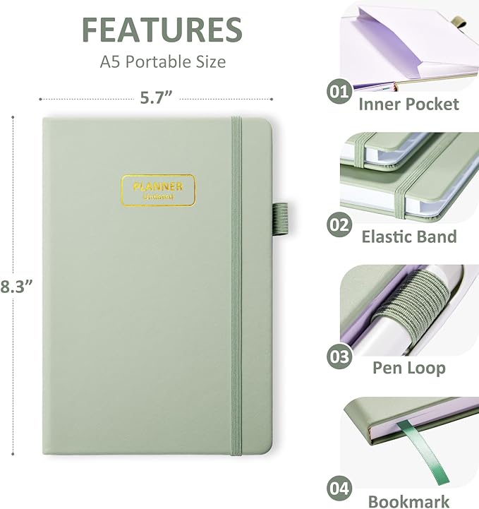 Comkiso Undated Weekly and Monthly Planner with Adhesive Tabs, A5 Dateless Academic Planner for Women & Men Daily Planning, Hardcover Leather All In One Planner for Home School Work Organizer (Green)