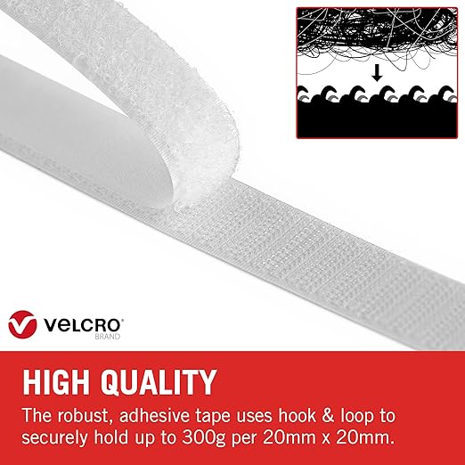 Velcro Brand | Stick On Tape | Cut-to-Length Strong Hook & Loop Self Adhesive Sticky Tape Perfect for Room Décor & Home, Office, Garage Use | White | 20mm x 7.5m
