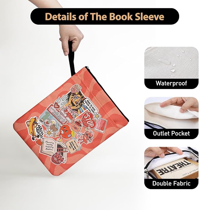 Y2K Style Book Sleeve for Book Lovers, Emotional Support Stickers Bookcover Protector for Paperbacks with Handle Pocket for Reader Bookish, Book Club Gifts for Chritsmas, Reading Accessories for Women