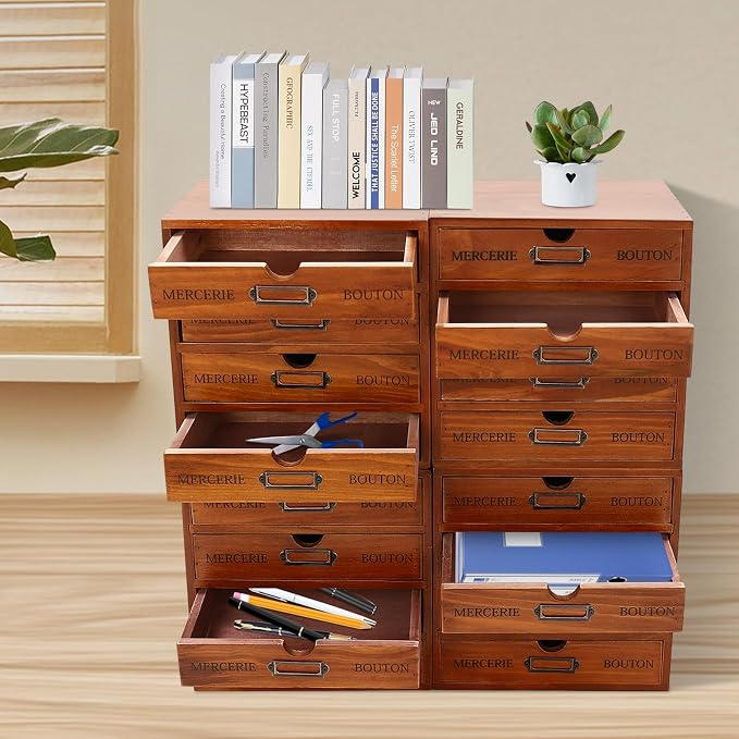16-Drawer Wooden Storage Box, Literature Organizer 4Pcs 4-Slot Wooden Desk Drawer Unit Desktop File Holder, Craft Storage Box for Home, File Cabinet for Office, Classrooms, Cafes (Brown)