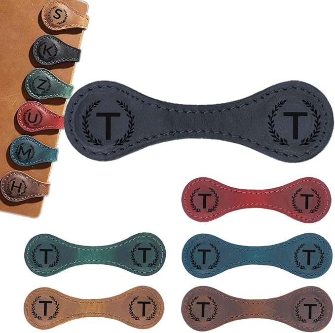 Magnetic Leather Bookmark with 26 Initial for Reading Women,Personalized Magnet Book Marks Gifts for Men,Book Lovers (Black, T)