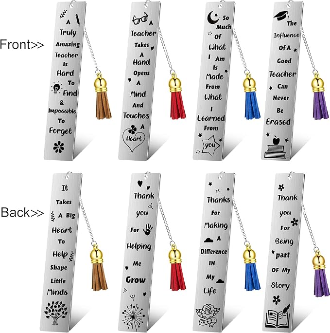 Zonon 4 Pcs Metal Bookmarks End of Year Teacher Gifts Graduation Book Page Marker with Pendants Thank You Gifts for Teacher Appreciation Women Instructor Birthday Reading Lovers Office(Vibrant Style)