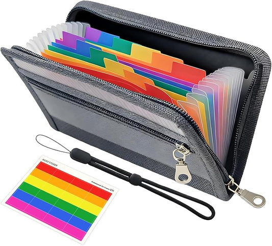 A6 Receipts Organizer with Zipper Closure and Wrist Strap, 12 Pocket Portable Accordion File with Color Labels for Coupons, Cards & Tickets, Budget Cash Envelope Organizer
