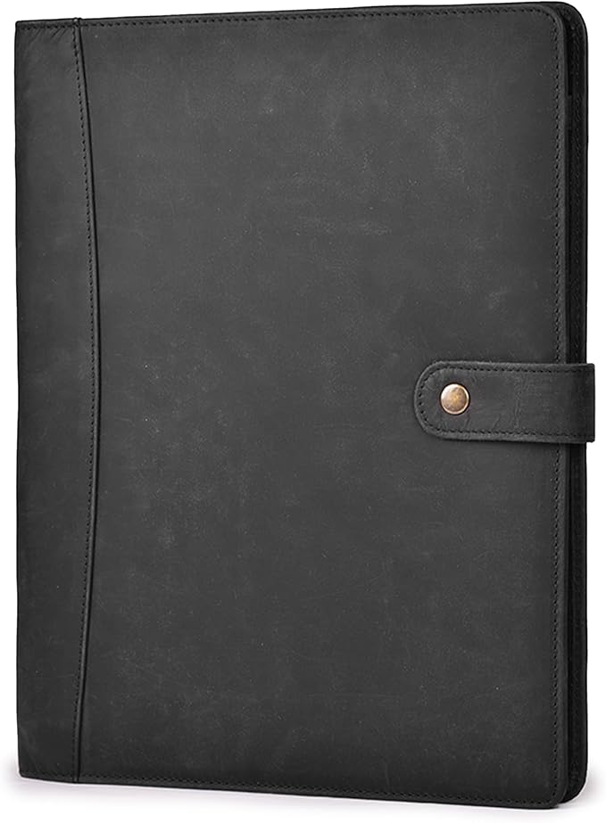 Genuine Leather Portfolio – Sleek Black Professional Organizer & Resume Folder, Antique Leather Business Document Padfolio with Writing Pad, Ideal Gift for Men & Women