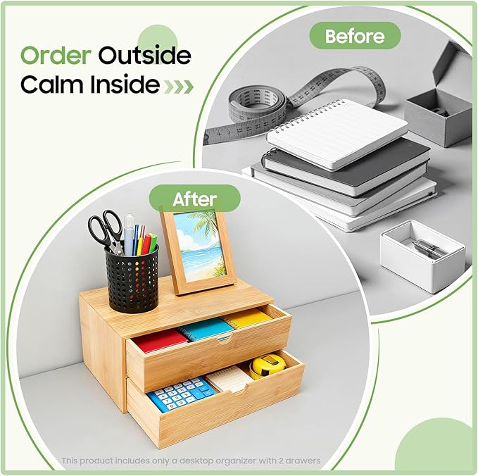 Desk Organizer, Office Vanity Bamboo Desk Organizer, Mini Bamboo Desk Drawer Tabletop Storage Box with 2 Drawer Night Stand Table Organizer for Makeup Vanity Office Supplies (2 Drawer)