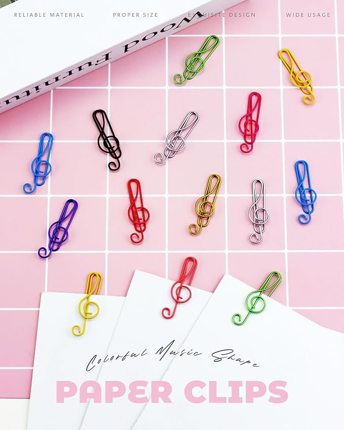 100 Pcs Music Paper Clips, Metal Musical Notes Shaped Bookmark Clips for Desk Bookmark Office School Notebook (10 Colors)