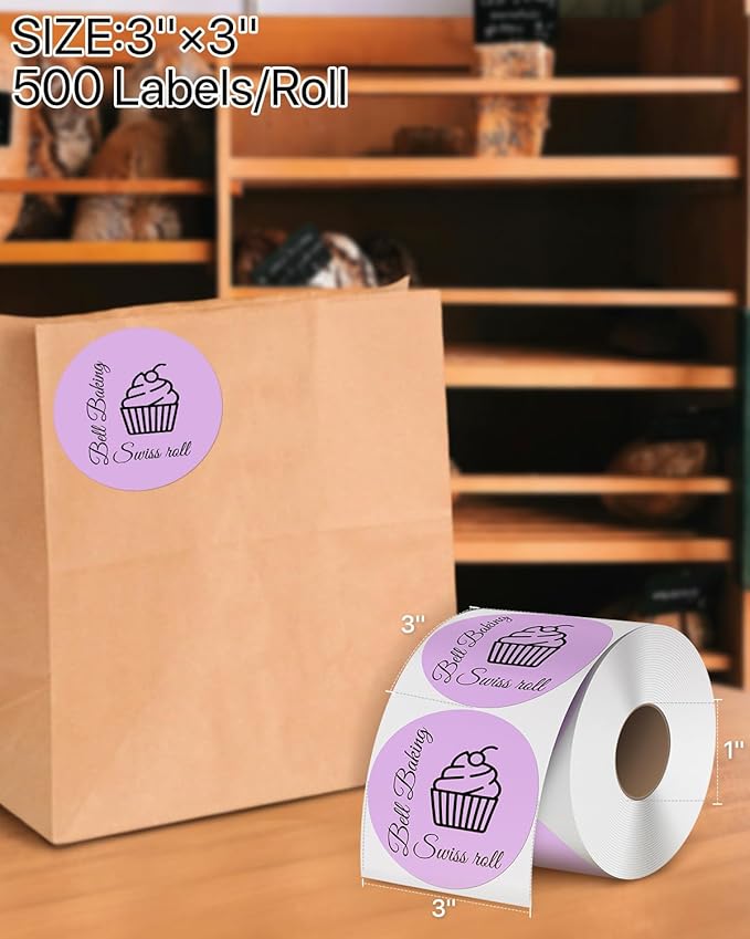 iEager 3 Inch Circle Thermal Sticker Labels, Self-Adhesive Round Direct Thermal Label, Multi-Purpose Roll Thermal Stickers, 500 Labels, Purple