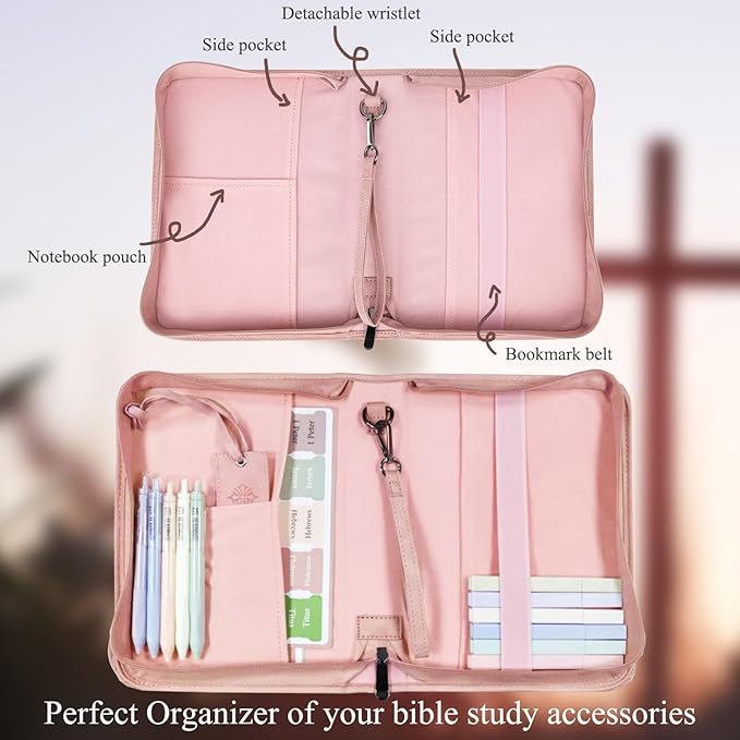CITYCHASE Elegant Rose Design Bible Cover Case with Bible Study Supplies Highlighters Pens Bookmark Leather Bible Cover Case for Women Gift for Christians(Pink Pro)
