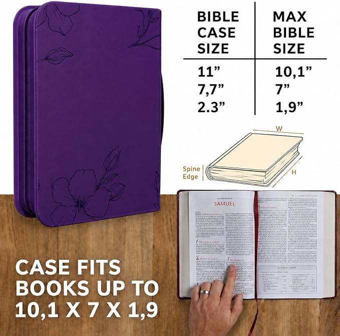 DEHITE Bible Cover Case for Women — Bible Carrying Case for Woman — Purple Large Holder Bag — Fits Book 10,1x7x1.9 in — Pen Slots — Zippered Pocket — Premium Faux Leather — Christian Floral Accessorie