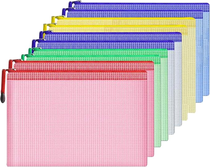 Mesh Document Bag Set of 10, Waterproof Zipper Pouch / A4 Size Zip File, for Household Daily Storage School Office M-D-2B (Multi-Colored, B5 (11.26×7.9 Inch))