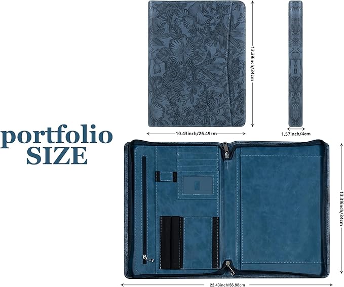 Free Engraved Name, Personalized Portfolio, PU Leather Resume Zippered Padfolio, Business Document Organizer Folder with A4 Notepad Holder, Custom Printing Gift for Woman/Men, Customized(Dark Blue)