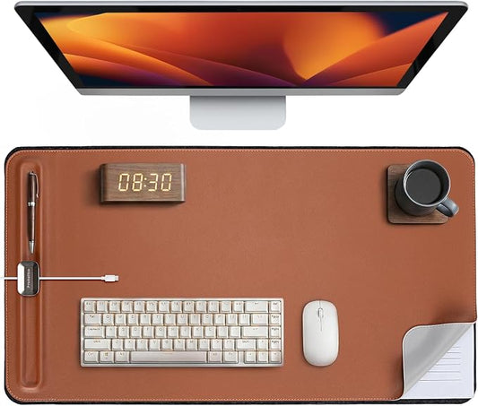 Desk Mat – Double-Sided Vegan Leather & Felt | Built-In Magnetic Cable Organizer & File Storage | Premium Workspace Pad for Office, Gaming & Creative Professionals-（Brown）
