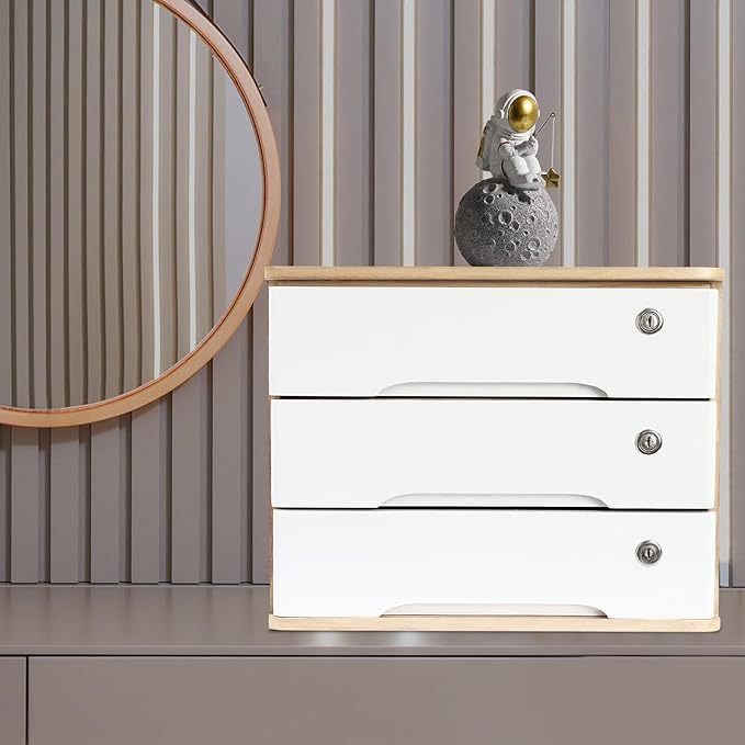 Lockable Desk Organizer Wooden Desktop Drawers Office Flat Files Storage Box Locking Countertop Storage Cabinet (Wood Color + White, 3-Tier)