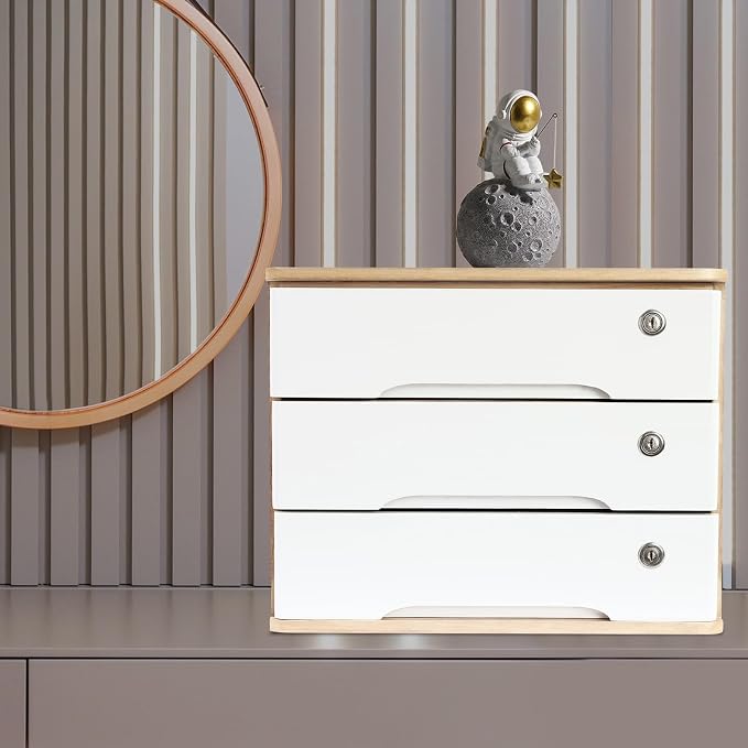 Wooden Desktop Storage Box with Lockable Drawers, Flat File Cabinet Drawer Desktop Storage Box, Countertop Storage Cabinet for Office Home Toiletries Supplies Vanity (natural wood+white, 3 Drawer)
