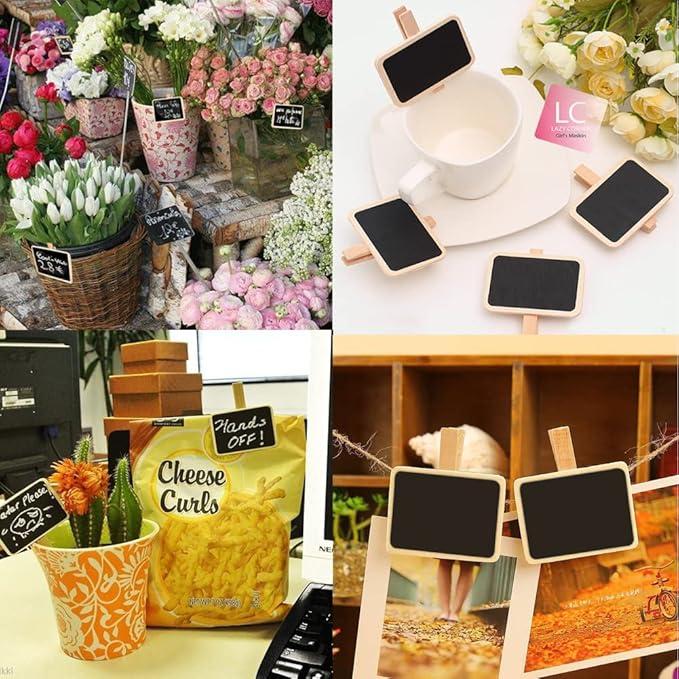 12 Mini Retangle Chalkboard Blackboard with Wooden Clip Message Board Signs and Labels Clips