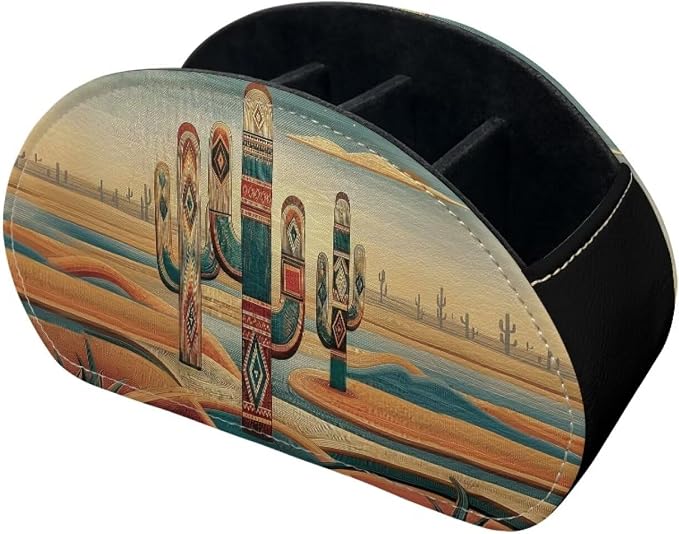Tribal Vintage Cactus TV Remote Holder with 5 Compartments, Office Desk Organizers,Nightstand Caddy, Storage for Media Players/Eyeglasses/Cosmetic Brushs Desktop Caddy