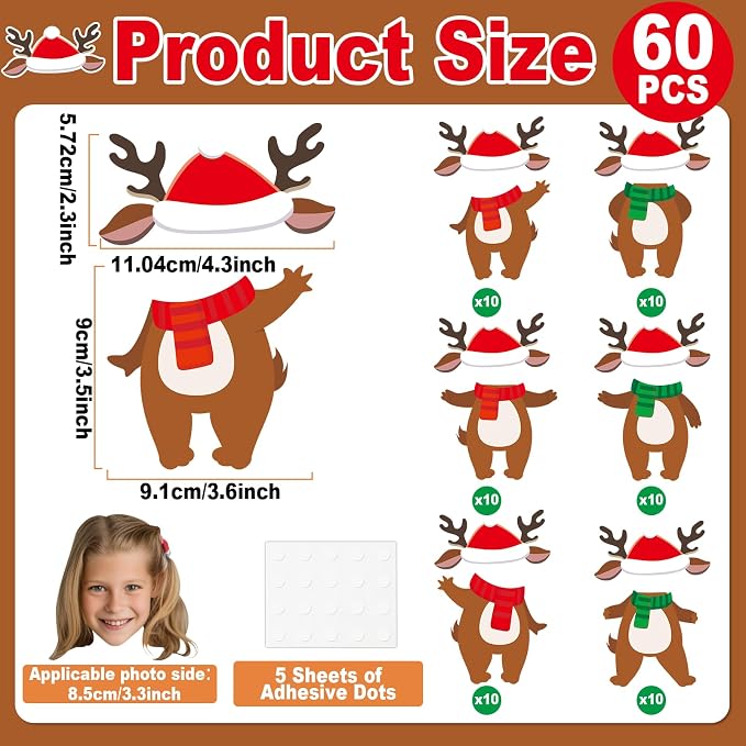60Pcs Christmas Reindeer Cutouts Christmas Bulletin Board Decoration Xmas Elk DIY Photo Craft Cutouts Winter Classroom Supplies for Teacher Student School Classroom Holiday Party Chalkboard Wall Decor